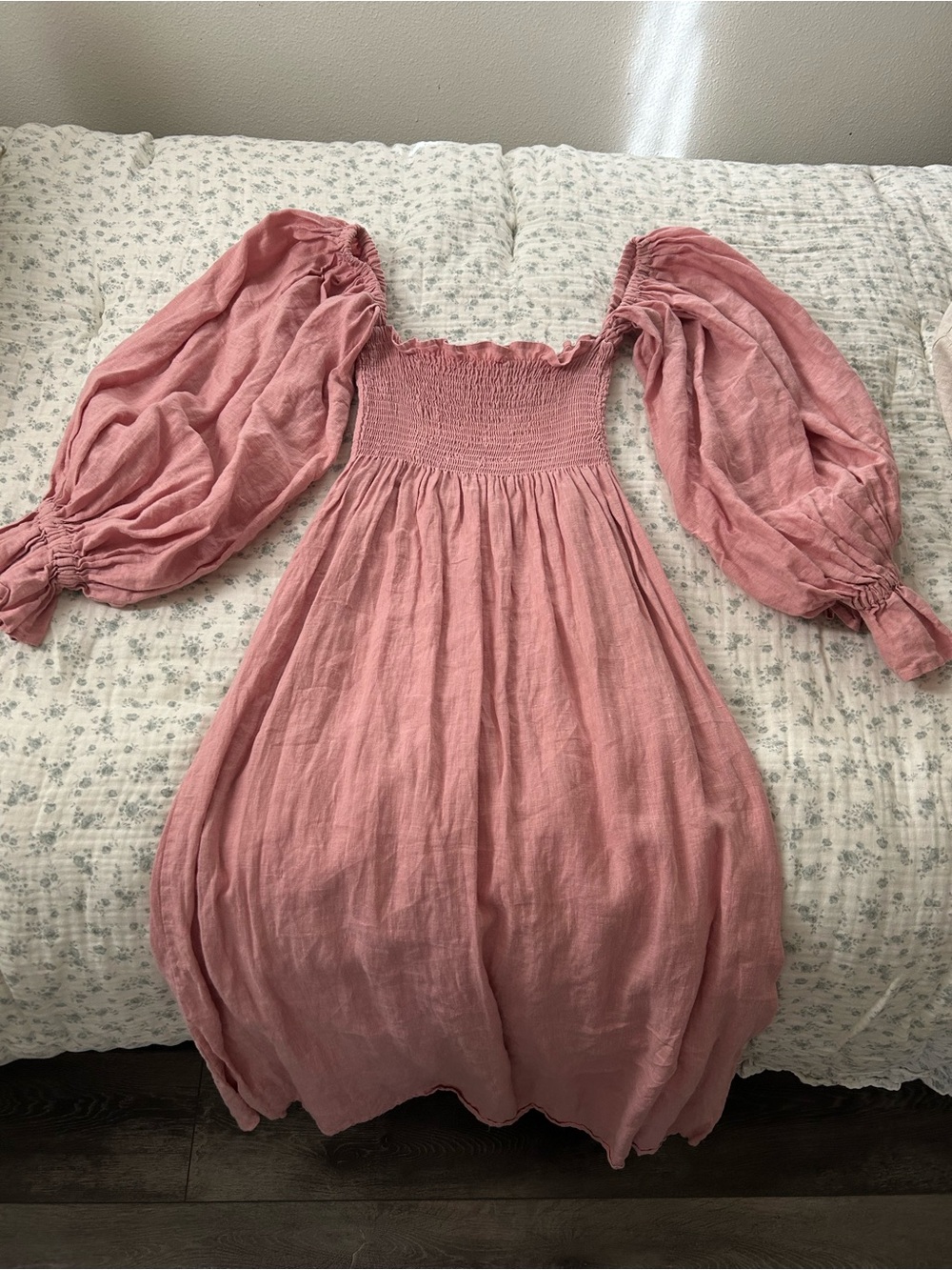 Sleeper Rose-Pink Smocked Midi Dress with Balloon Sleeves